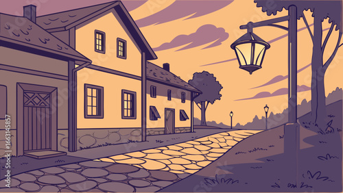 Illustration of a street with houses and lampposts under a cloudy sky at dusk or dawn time in cartoon style