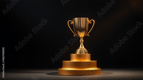 Golden trophy displayed elegantly on a pedestal against a dark backdrop.