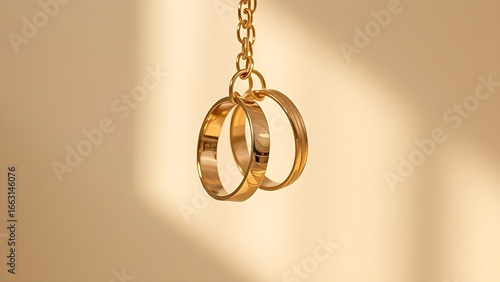 Golden wedding rings suspended in midair with soft reflections on a neutral backdrop.