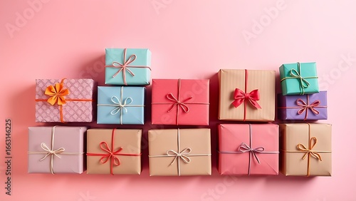 Colorfully wrapped parcel boxes neatly arranged against a soft gradient background, showcasing e-commerce aesthetics.