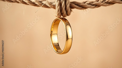 Golden wedding rings suspended on jute rope, elegant close-up with soft lighting enhancing their shine.