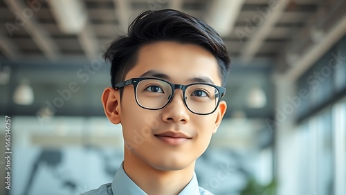 A young professional in glasses working diligently in a contemporary office space.