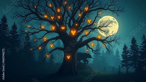 Mystical tree glowing with bear-shaped shadows in a moonlit forest, symbolizing curiosity.