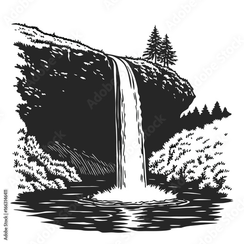 Waterfall into hidden lagoon silhouette