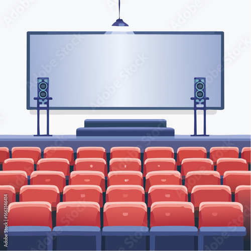 Interior view of an empty modern cinema hall or movie theater with rows of red seats facing a large blank projection screen