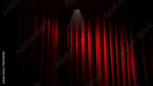 Dramatic red velvet theater curtains with golden details, illuminated by a spotlight.