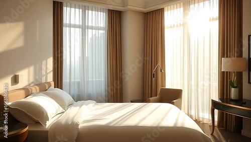 Serene hotel bedroom bathed in morning light, featuring minimalist decor and a neatly made bed.