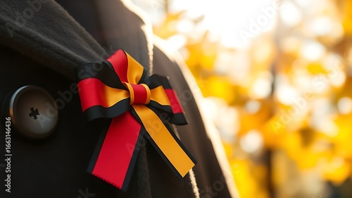 Black-red-gold ribbon pinned to wool coat, autumn leaves in soft focus under warm sunlight.