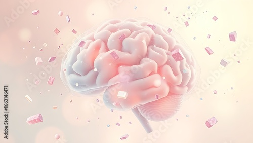 Floating brain matter with drifting memory fragments in soft pastel hues.