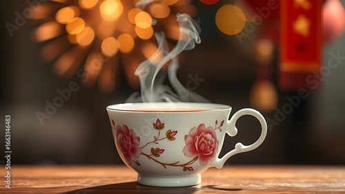 Porcelain teacup with peony motifs, steam rising as bokeh lights mimic festive fireworks.