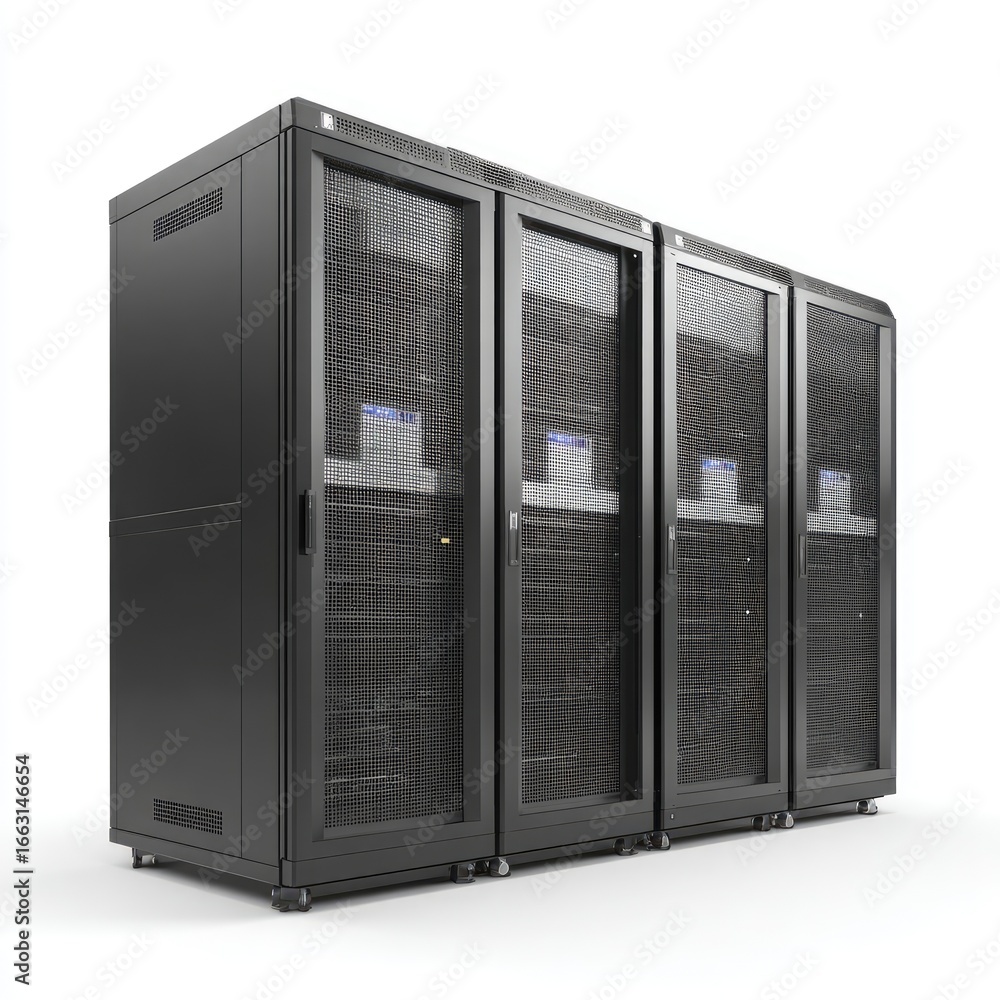 Fototapeta premium Three black server racks with mesh doors, standing on wheels, against a white background