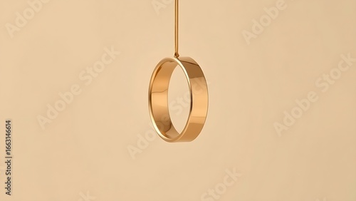 Three golden wedding bands suspended vertically against a soft beige backdrop.