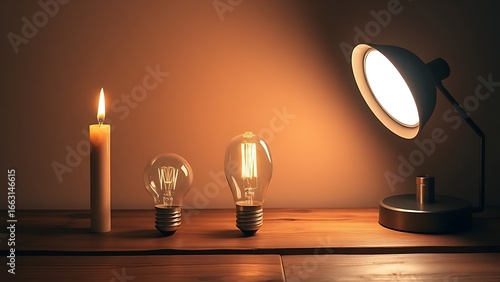 A curated display of light sources through history, from candle to modern fixture, on a rustic wooden surface.