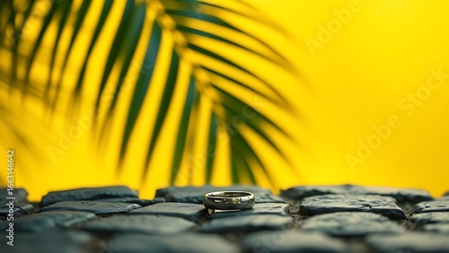 Tropical leaf silhouette on a yellow summer background with a silver ring on cobblestone.