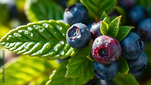 Close-up of vibrant blueberry leaves glistening with morning dew under natural sunlight.