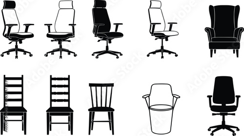 Chair silhouette set, furniture vector collection, office and dining chair icons, ergonomic design graphic, black illustration, interior decor elements