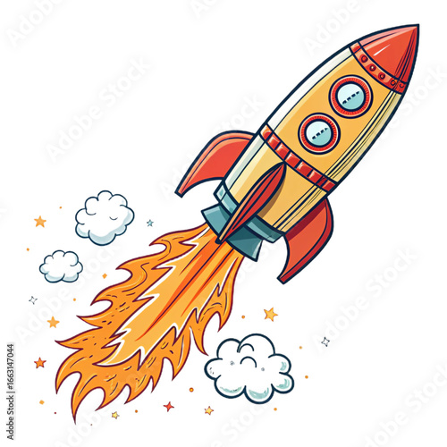 Cartoon style rocket ship on transparent background for kids illustrations, space posters, startup branding and educational projects