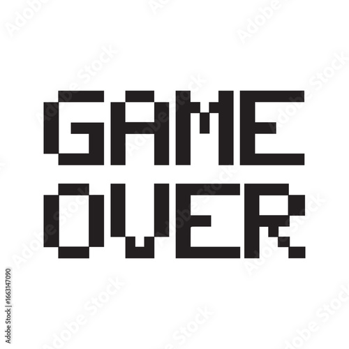 Game Over pixelated text message. Retro 8-bit video game screen font. Vintage gaming typography vector illustration isolated on white background.
