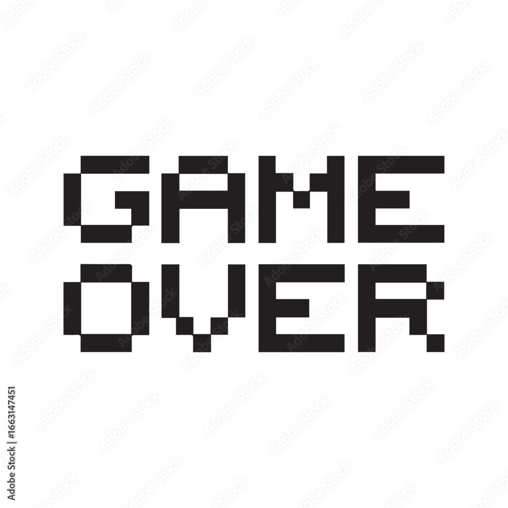 Game Over pixelated text message. Retro 8-bit video game screen font. Vintage gaming typography vector illustration isolated on white background.
Game Over pixelated text message. Retro 8-bit video game screen font. Vintage gaming typography vector illustration isolated on white background.