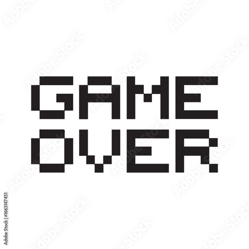 Game Over pixelated text message. Retro 8-bit video game screen font. Vintage gaming typography vector illustration isolated on white background.
