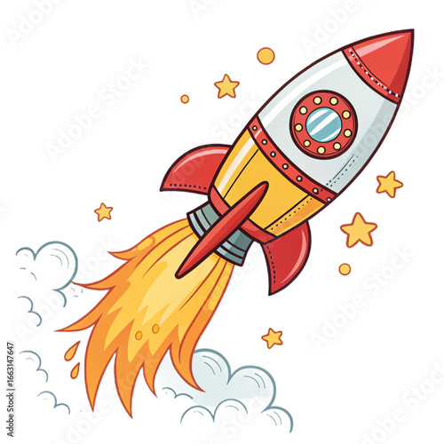 Cartoon style rocket ship on transparent background for kids illustrations, space posters, startup branding and educational projects