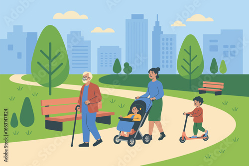 A family walking in a park with buildings in the background and trees and benches on the sides of the path