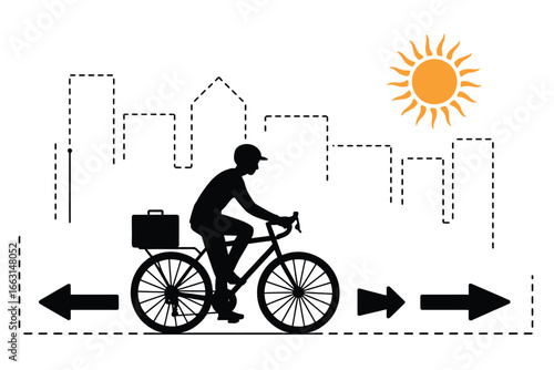 A silhouette of a cyclist with a briefcase riding through a city under a bright sun illustration