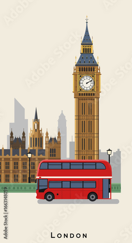 A stylized illustration of London featuring a red double-decker bus, Big Ben, and the Houses of Parliament.