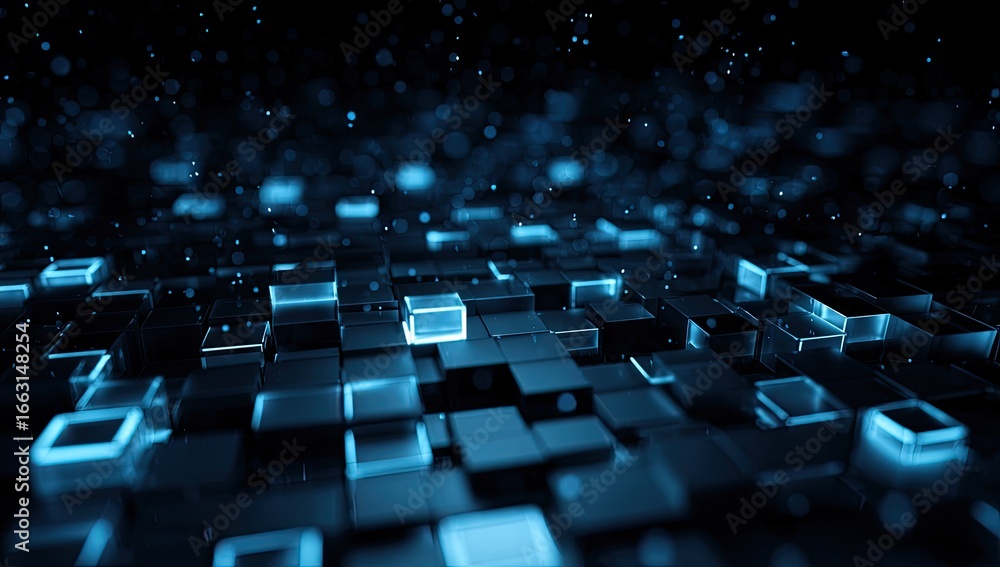 Obraz premium Glowing blue cubes form a digital landscape with depth and motion