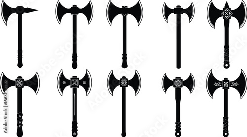 Double-headed axe silhouettes, fantasy weapons, medieval armament, black vector, battle axes, ornate handles, historical design, game asset icons