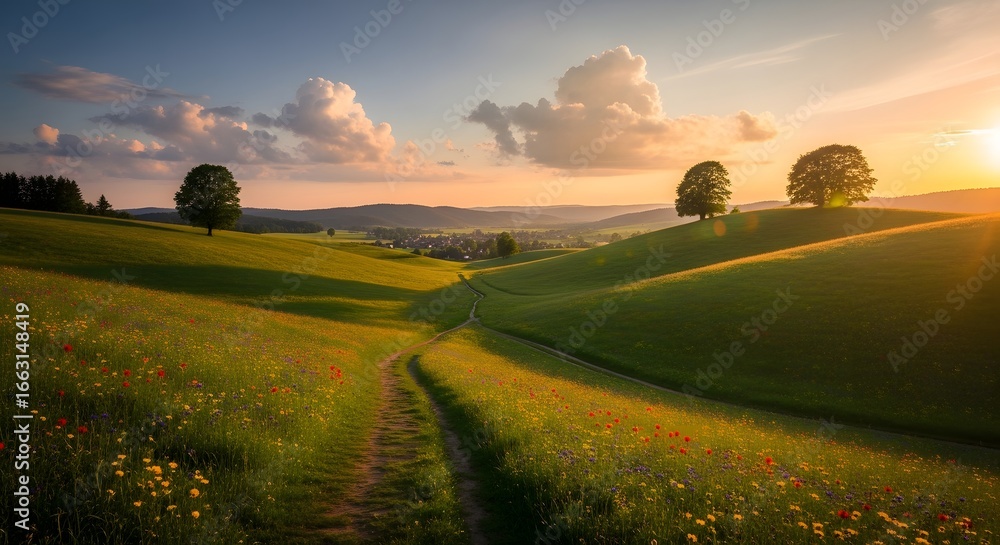 Obraz premium Rolling hills and golden light create a serene landscape at sunset time