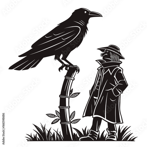 Crow perched on scarecrow silhouette