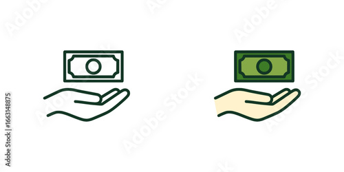 hand with money bill, presented in both outline icon and a simple filled style for versatile use in financial contexts.