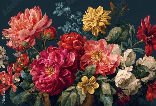 Wallpaper Mural A vibrant still life of richly colored peonies, roses, and dahlias in a lush bouquet Torontodigital.ca