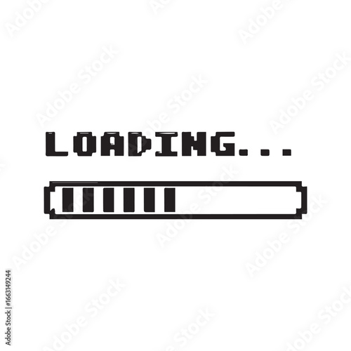Retro pixel art loading bar and text. Vintage 8-bit video game screen interface, computer progress indicator vector illustration.
