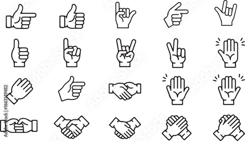 Black and white hand gestures and handshake icons set showing various hand signs and agreements