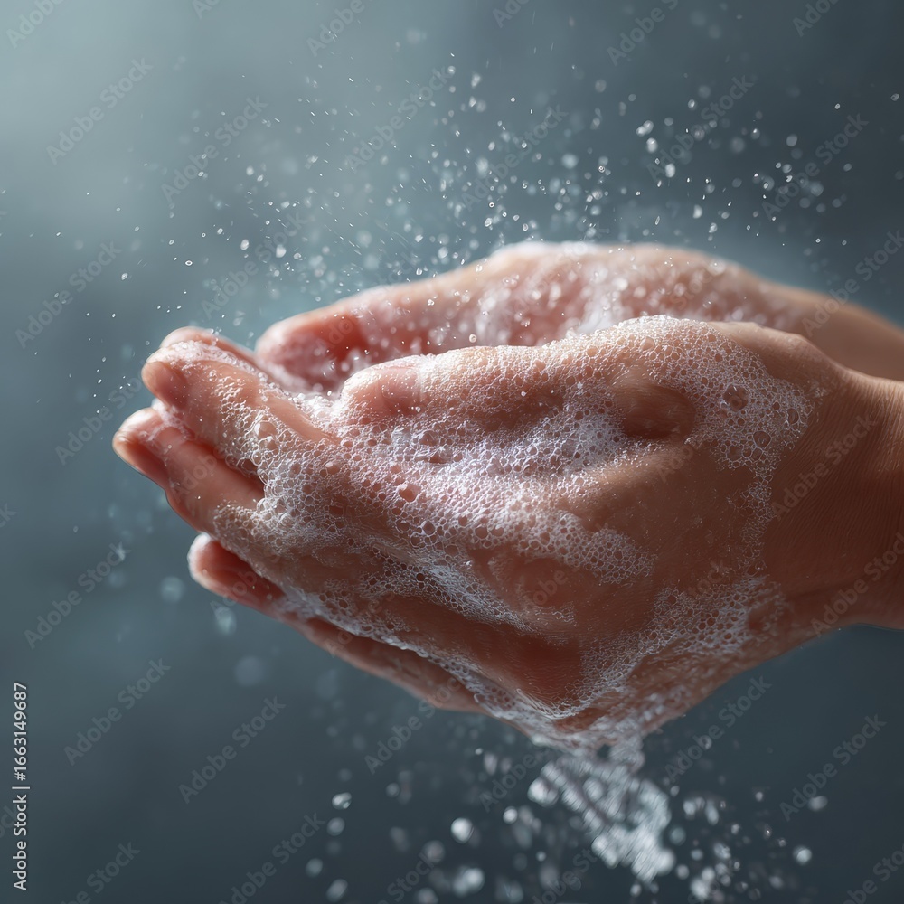Fototapeta premium Foamy Soap Hand Hygiene Close-Up in a Clean Environment