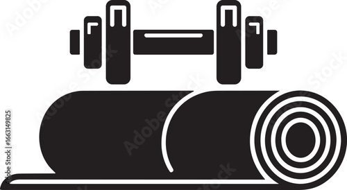 Black and white illustration of a dumbbell above a rolled yoga mat fitness concept