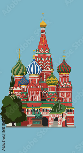 Stylized illustration of Saint Basil's Cathedral in Moscow, Russia, with vibrant colors.