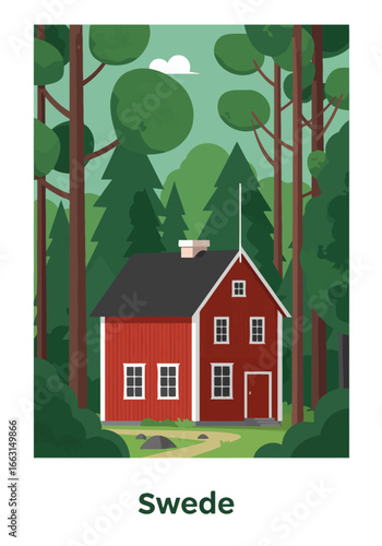 Illustration of a red Swedish house with a black roof nestled amongst tall green trees in a forest setting.