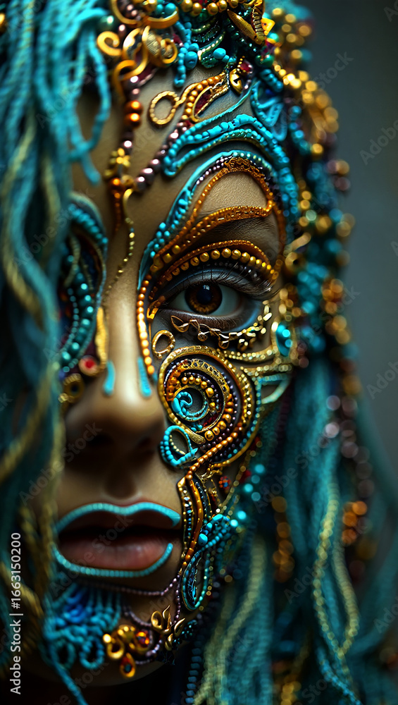 Naklejka premium Close-up of a woman's face adorned with intricate blue and gold beaded mask image photo
