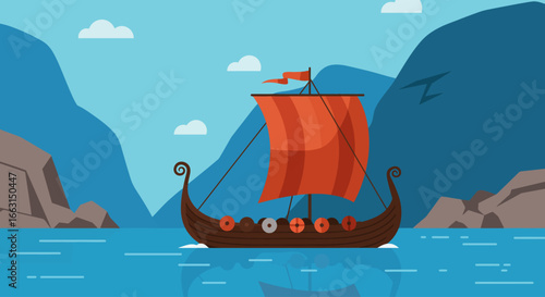 A Viking longship with an orange sail navigates through calm blue waters, flanked by imposing, rocky cliffs under a clear sky with scattered clouds.