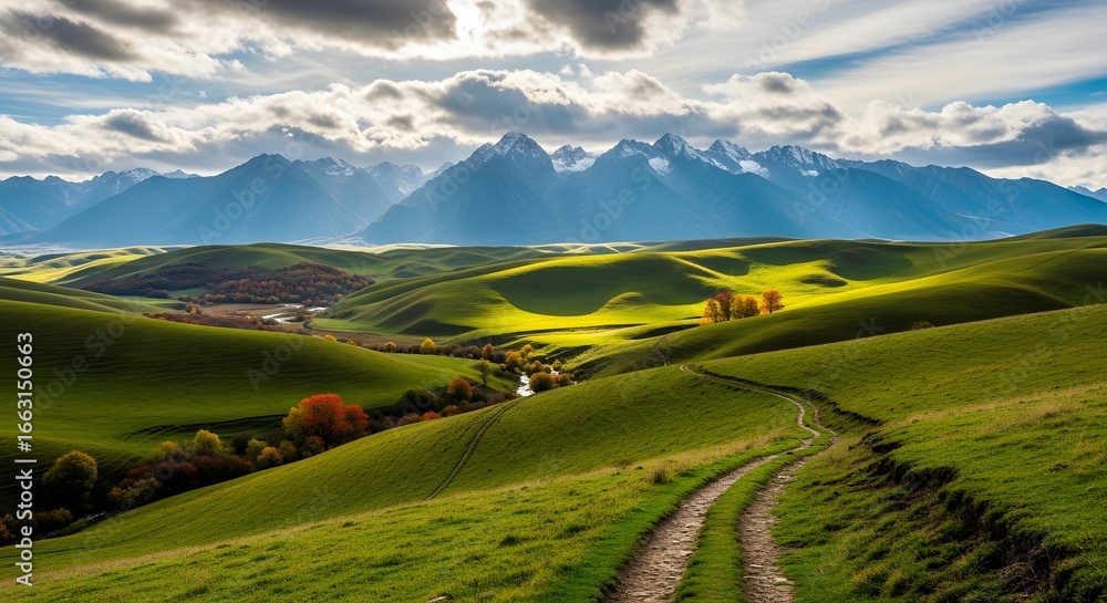 Fototapeta premium Sunlight illuminates green hills and mountains under a cloudy sky with a path