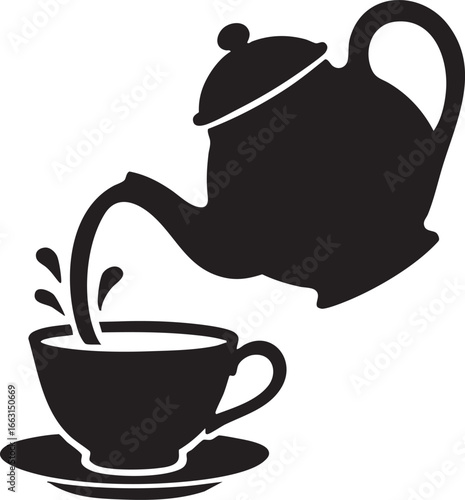 Black and white silhouette of teapot pouring into teacup on saucer with splashes, symbolizing hospitality and relaxation