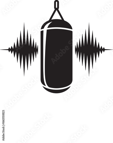 Black and white illustration of a punching bag with soundwave elements on a white background