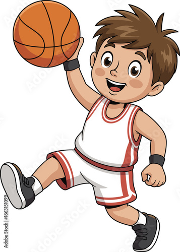 A cheerful cartoon boy, happily dribbling a basketball with a big smile, perfect for sports, activity, and youthful energy themes.