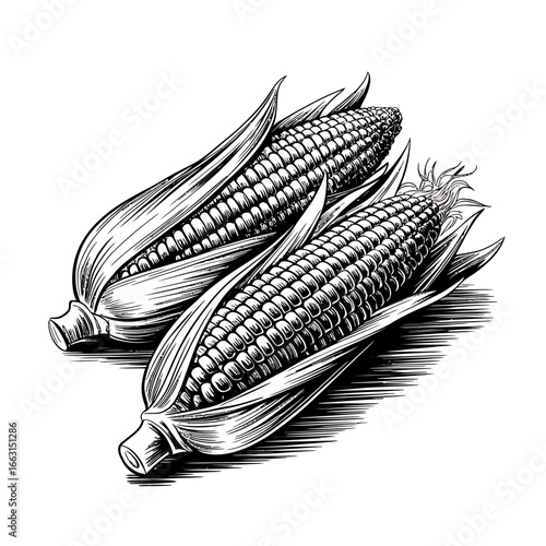 Two ears of corn on the cob artistic black and white rendering for food blogs and culinary design elements