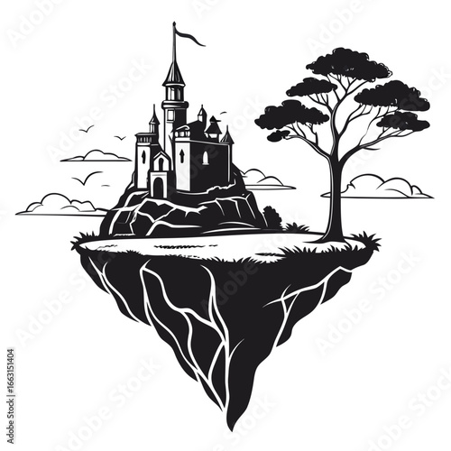 Castle on floating island silhouette