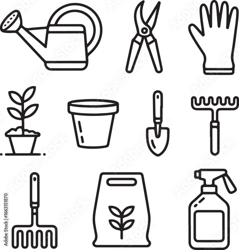 Floriculture Tools Outline Icons Set – Watering Can, Pruning Shears, Gardening Gloves, Plant Pot, Trowel, Rake, Fertilizer Bag, Spray Bottle