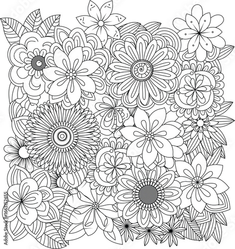 Detailed line art floral arrangement inspiring creativity and relaxation white background